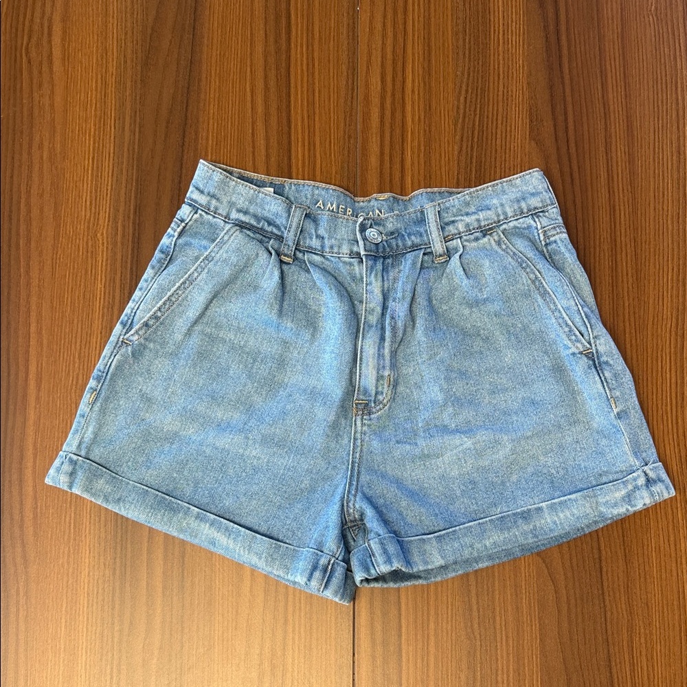 American Eagle Outfitters Light Wash Denim High-Rise Pleated Shorts